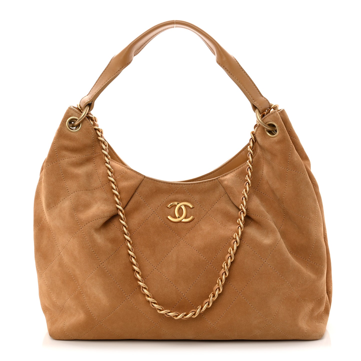 Suede Calfskin Lambskin Quilted Maxi Hobo Light Brown