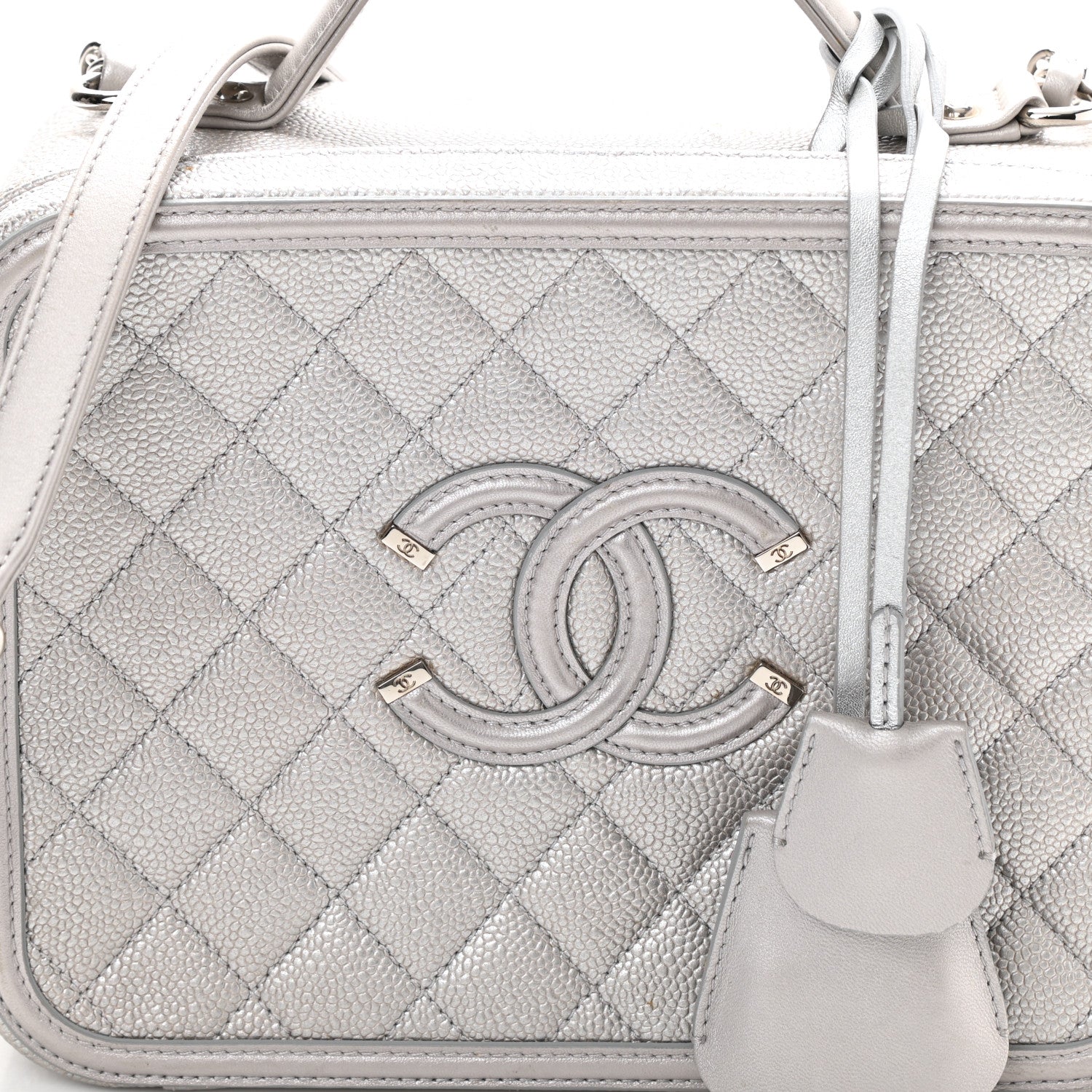 Chanel Metallic Caviar Quilted Large CC Filigree Vanity Case Silver 8 of 13