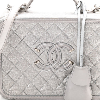 Chanel Metallic Caviar Quilted Large CC Filigree Vanity Case Silver 8 of 13