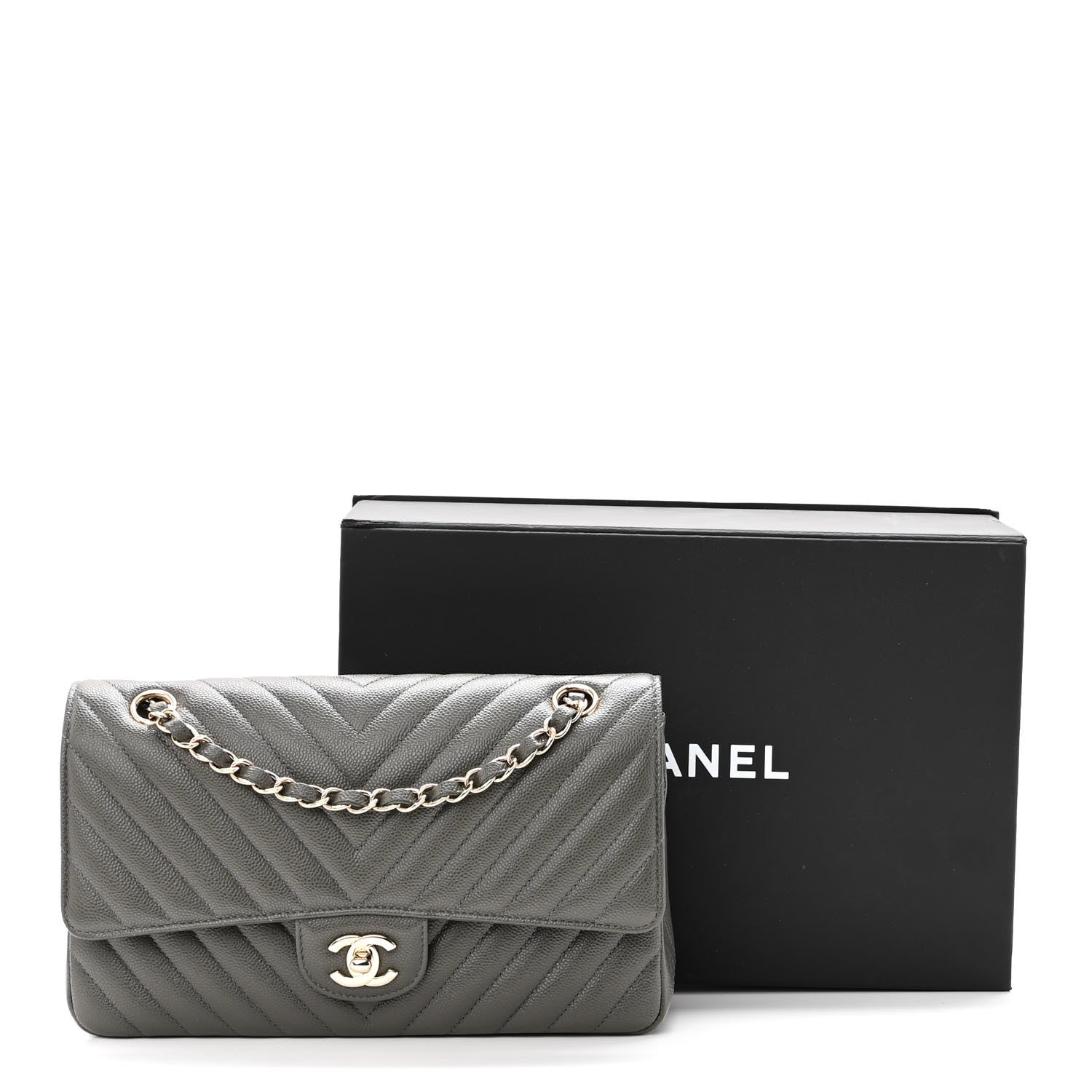 Chanel Caviar Chevron Quilted Medium Double Flap Dark Grey 9 of 9
