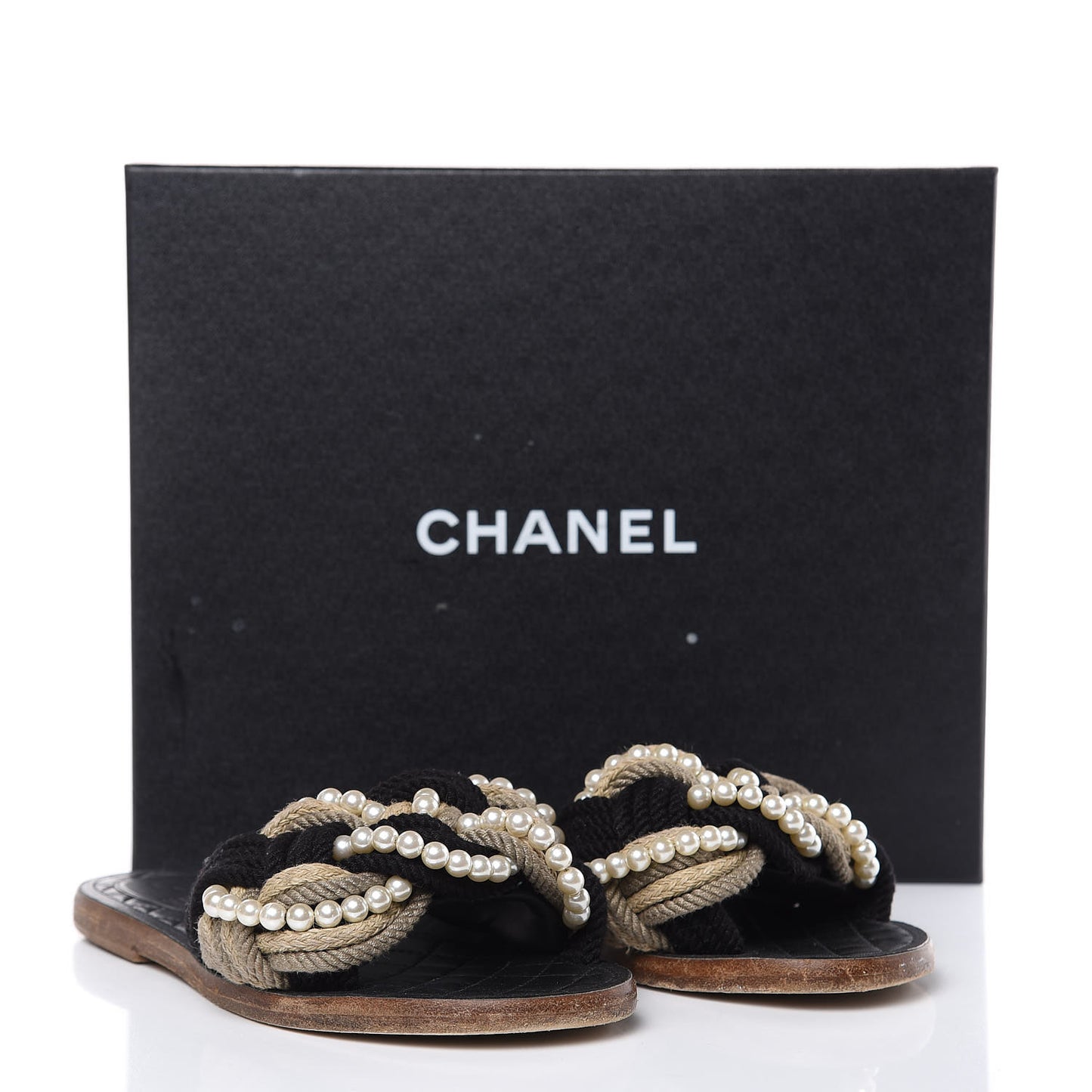 Lambskin Pearl Cord CC Mules 38 Black Beige
