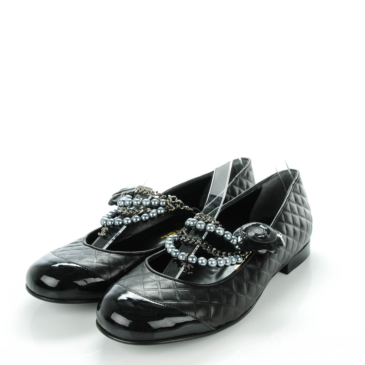 Chanel Lambskin Patent Quilted Cap Toe Pearl Ballerina Flats 38.5 Black 3 of 8