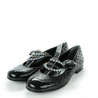 Chanel Lambskin Patent Quilted Cap Toe Pearl Ballerina Flats 38.5 Black 3 of 8