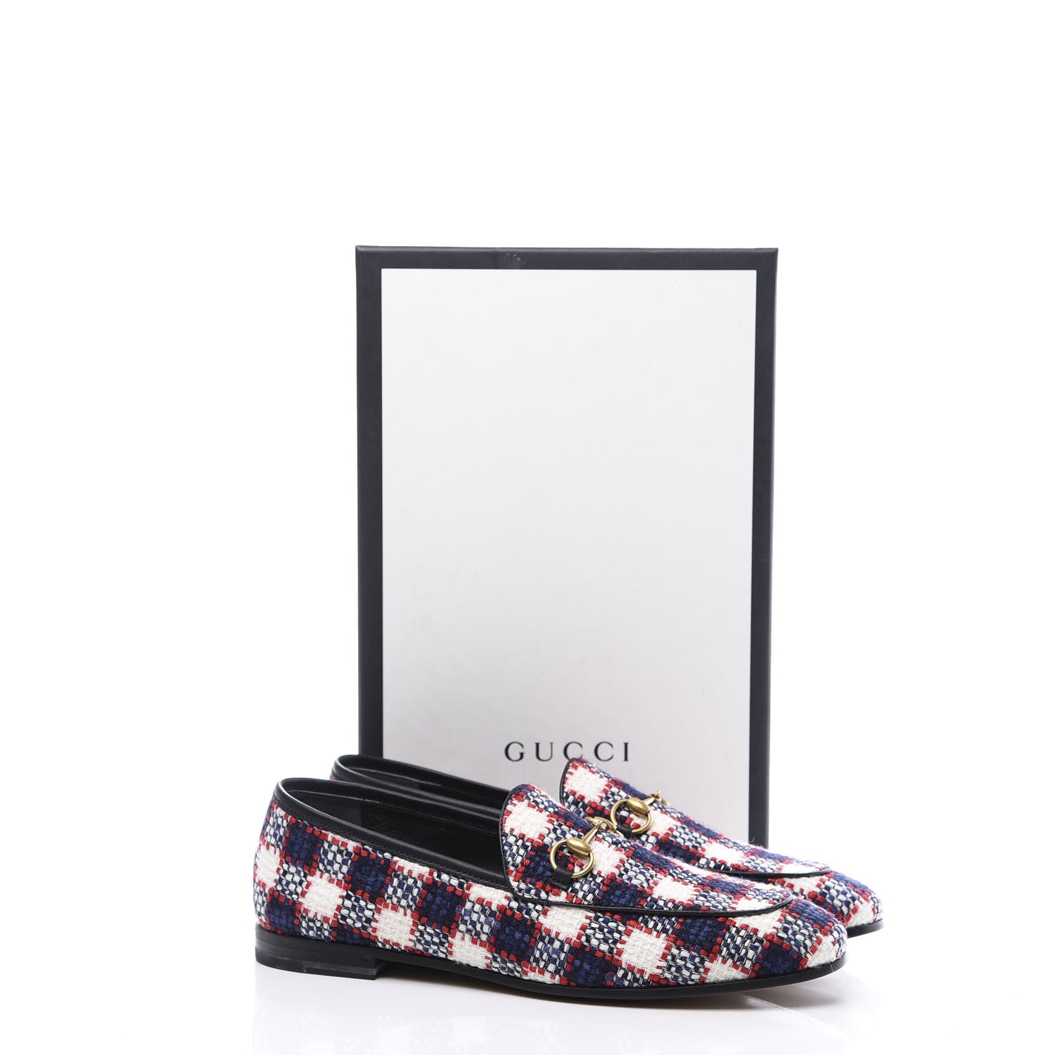 Gucci Vintage Tweed Check Horsebit Womens Jordaan Loafers 39 White Hibiscus Red Marine 11 of 11