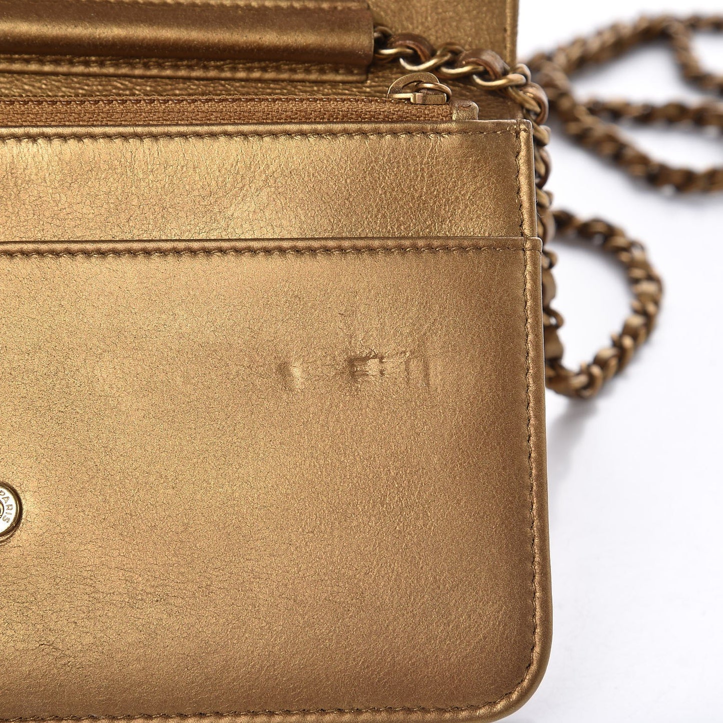 Metallic Lambskin Timeless Wallet on Chain WOC Gold
