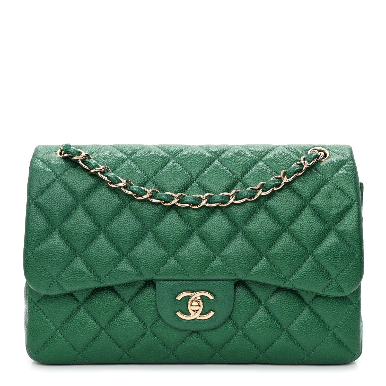 Chanel Metallic Caviar Quilted Jumbo Double Flap Green 1 of 14