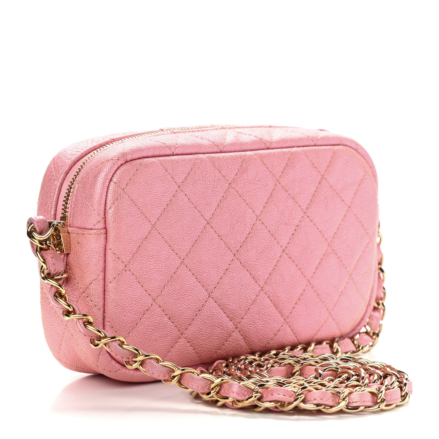 Iridescent Caviar Quilted Small Timeless Camera Case Pink