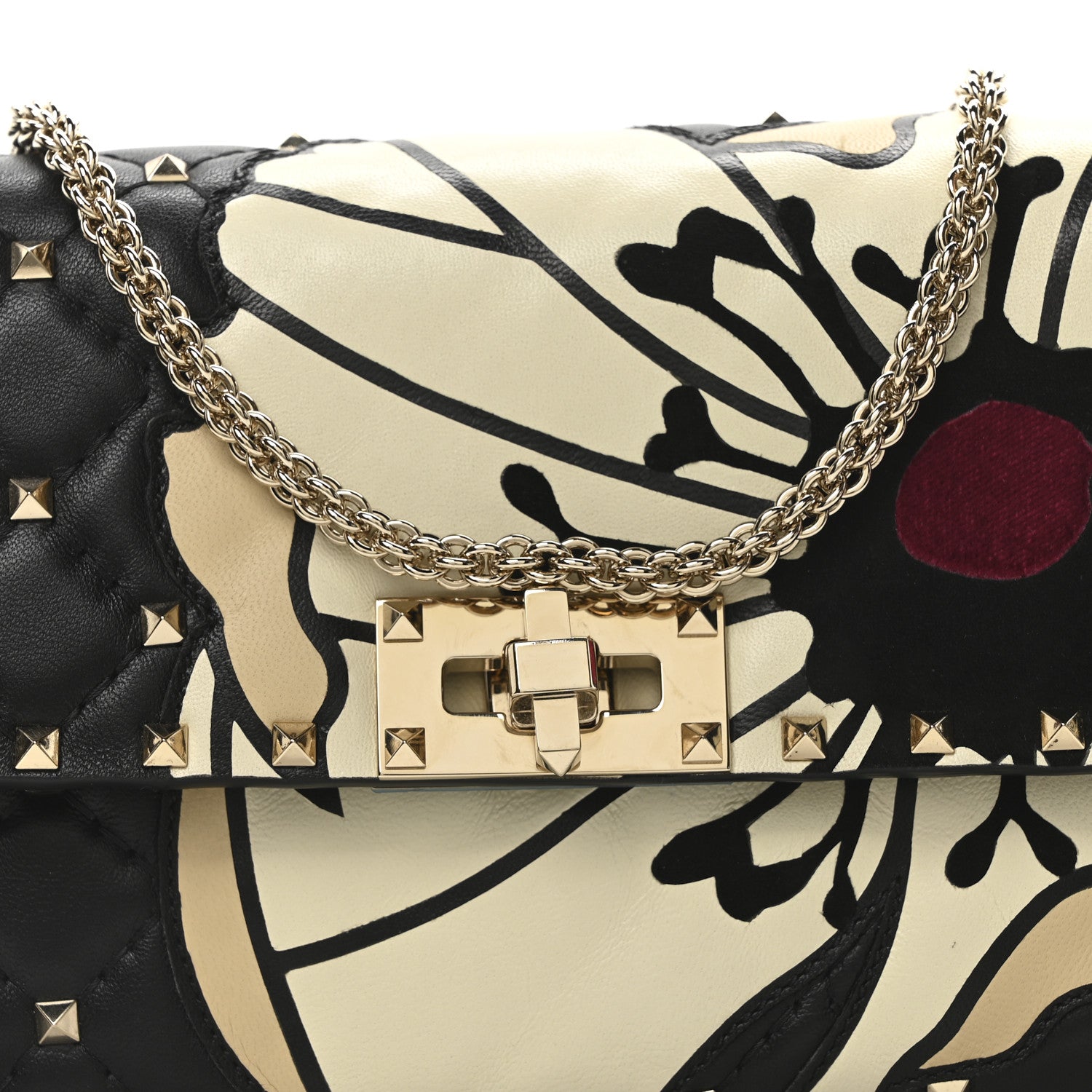 Valentino Garavani Nappa Rockstud Spike Flower Wallet on Chain Black Ivory 7 of 9