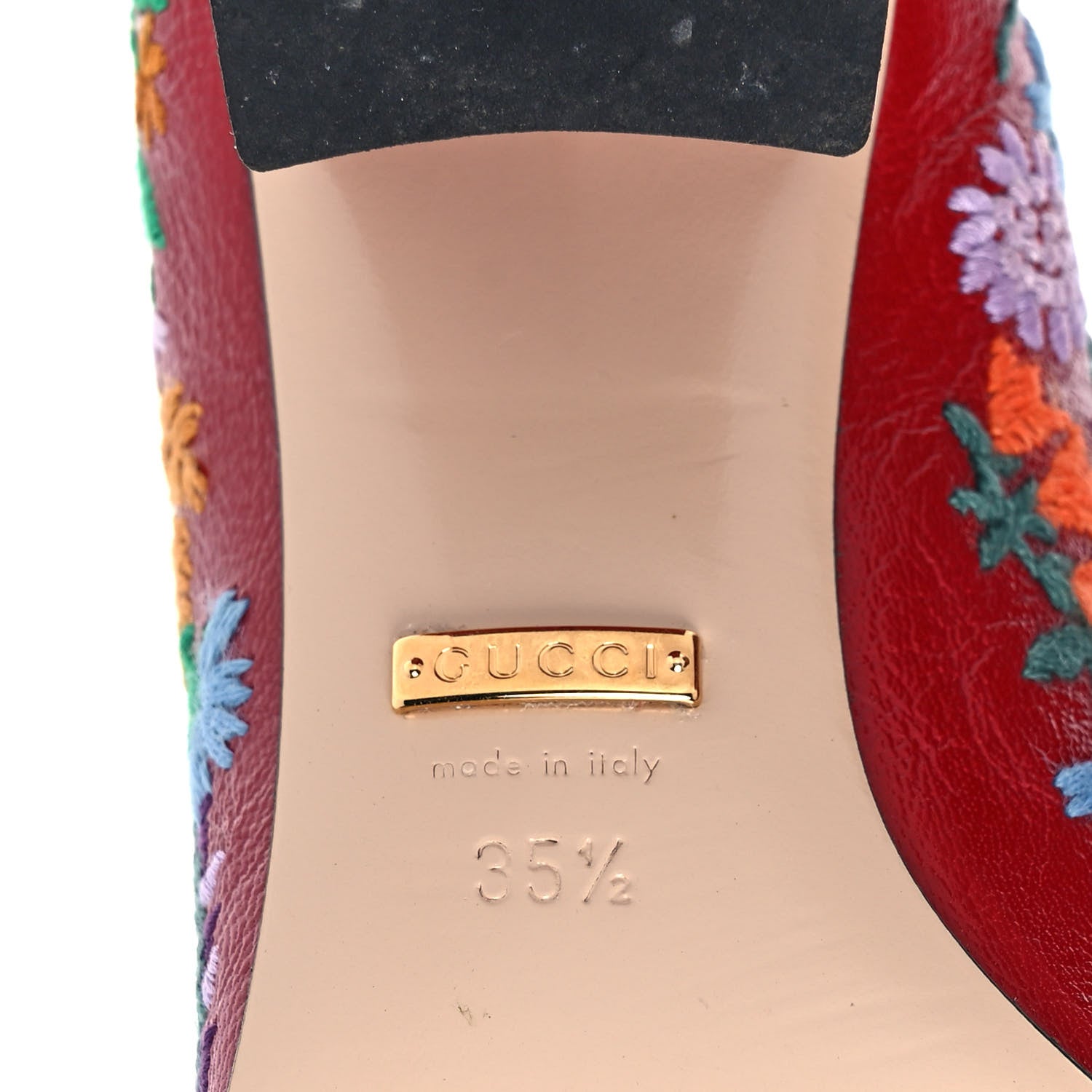 Gucci Skipper Calfskin Floral Embroidered GG Marmont Fringe 50mm Loafer Pumps 35.5 Hibiscus Red 6 of 10