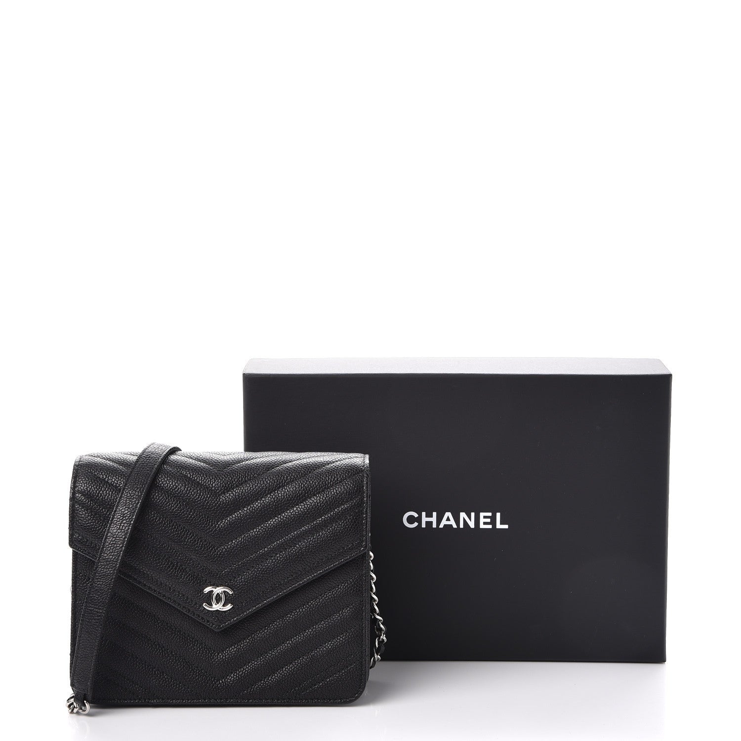 Chanel Caviar Chevron Quilted Square Wallet On Chain WOC Black 9 of 9