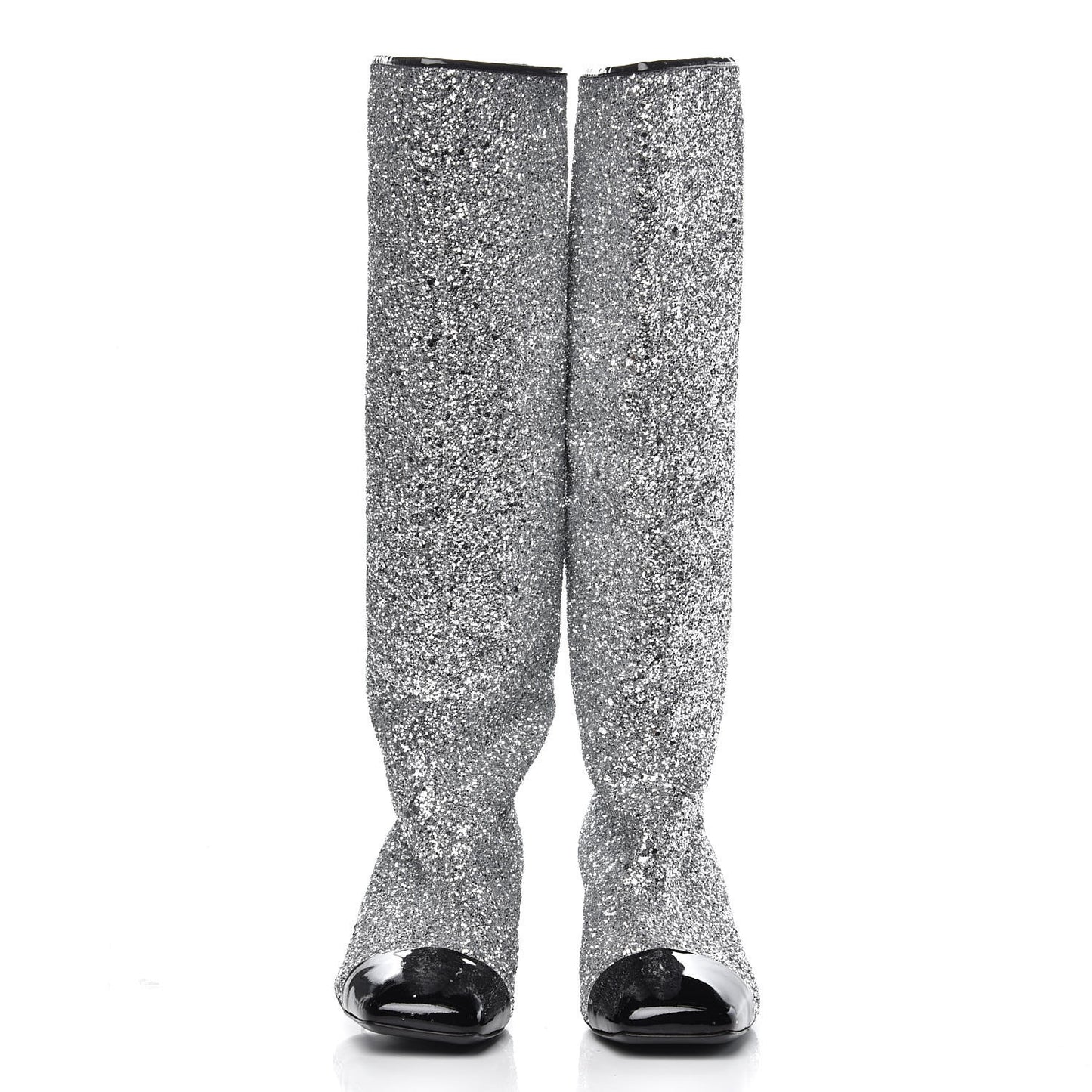 Glitter Patent Calfskin Cap Toe Fantasy High Boots 38.5 Silver Black