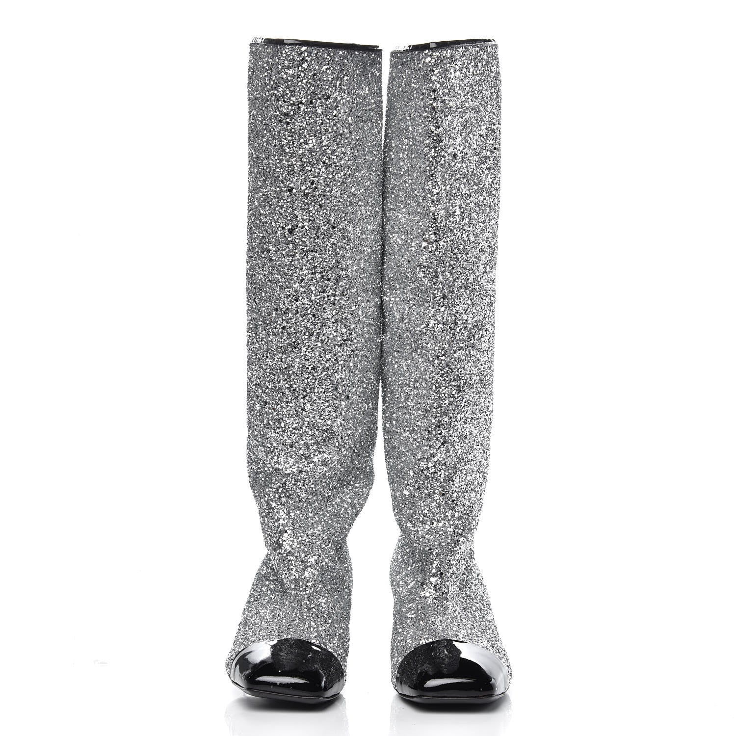 Chanel Glitter Patent Calfskin Cap Toe Fantasy High Boots 38.5 Silver Black 2 of 8