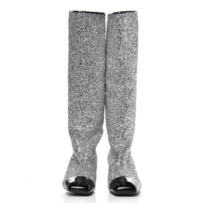 Chanel Glitter Patent Calfskin Cap Toe Fantasy High Boots 38.5 Silver Black 2 of 8