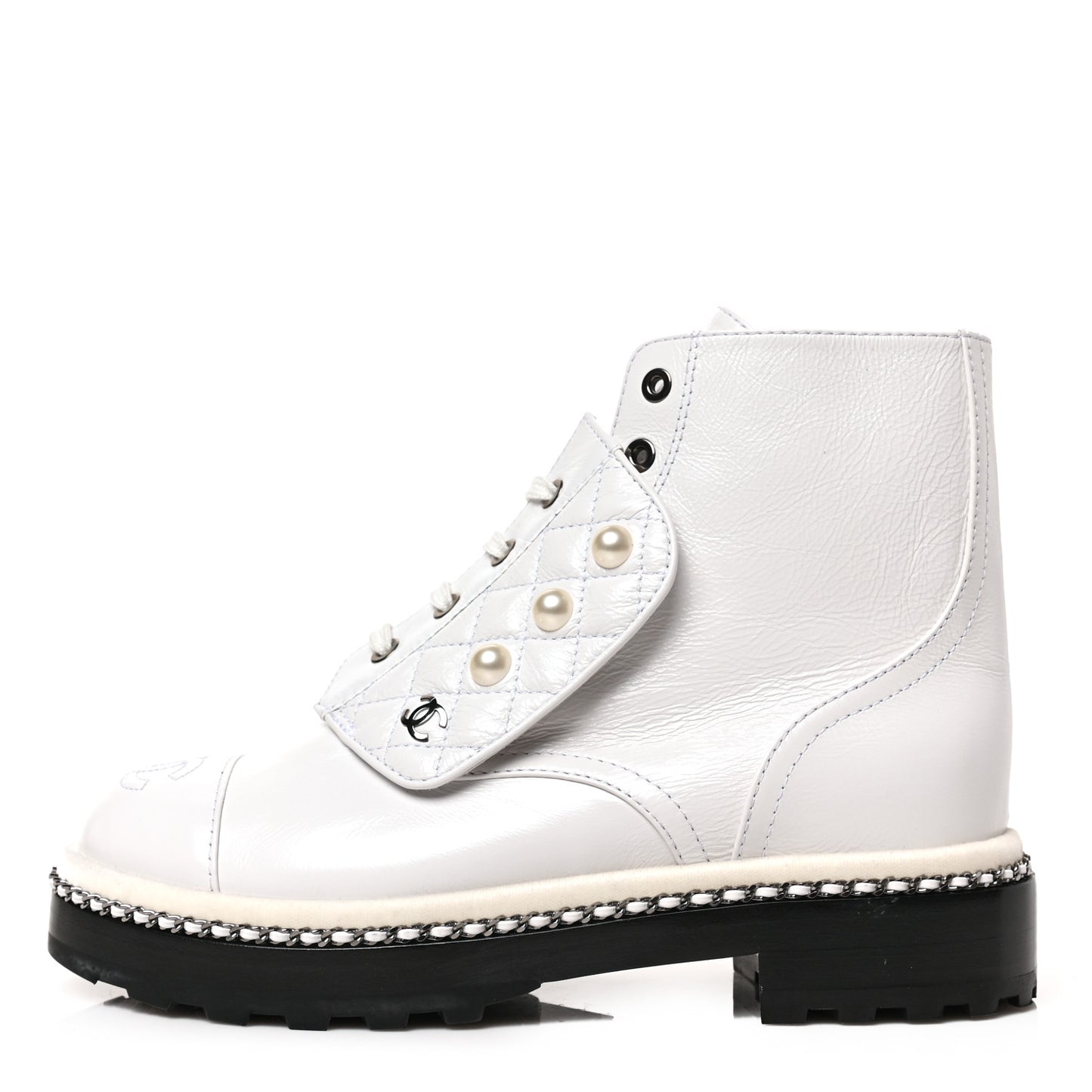 Crackled Calfskin Velvet Pearl Combat Short Boots 36.5 White