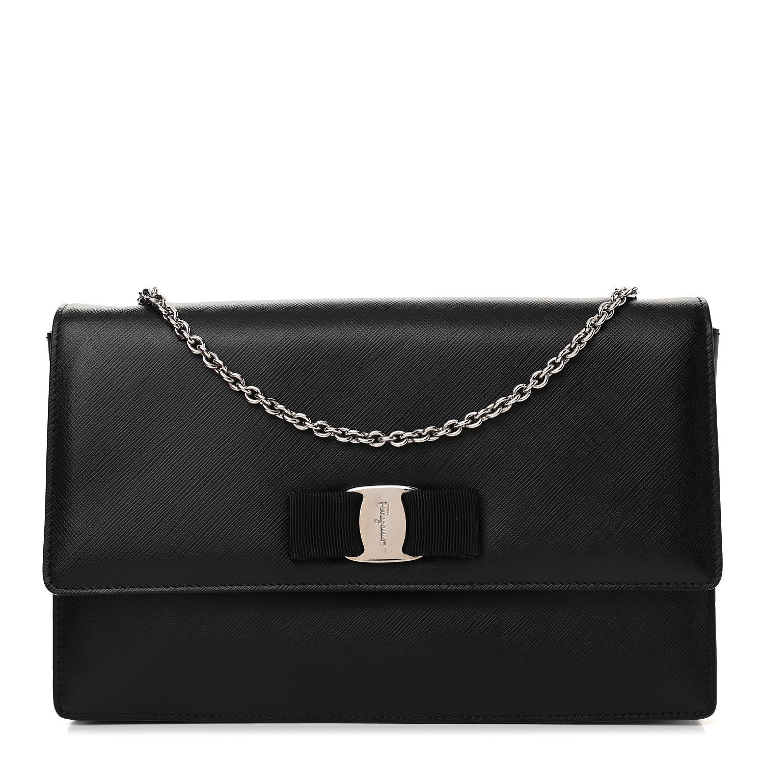 Salvatore Ferragamo Pebbled Calfskin Vara Bow Chain Flap Crossbody Black 1 of 10