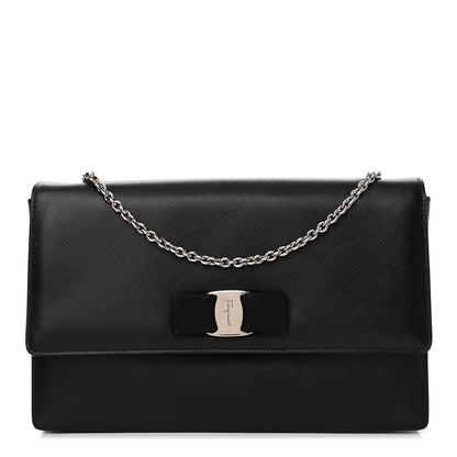 Salvatore Ferragamo Pebbled Calfskin Vara Bow Chain Flap Crossbody Black 1 of 10