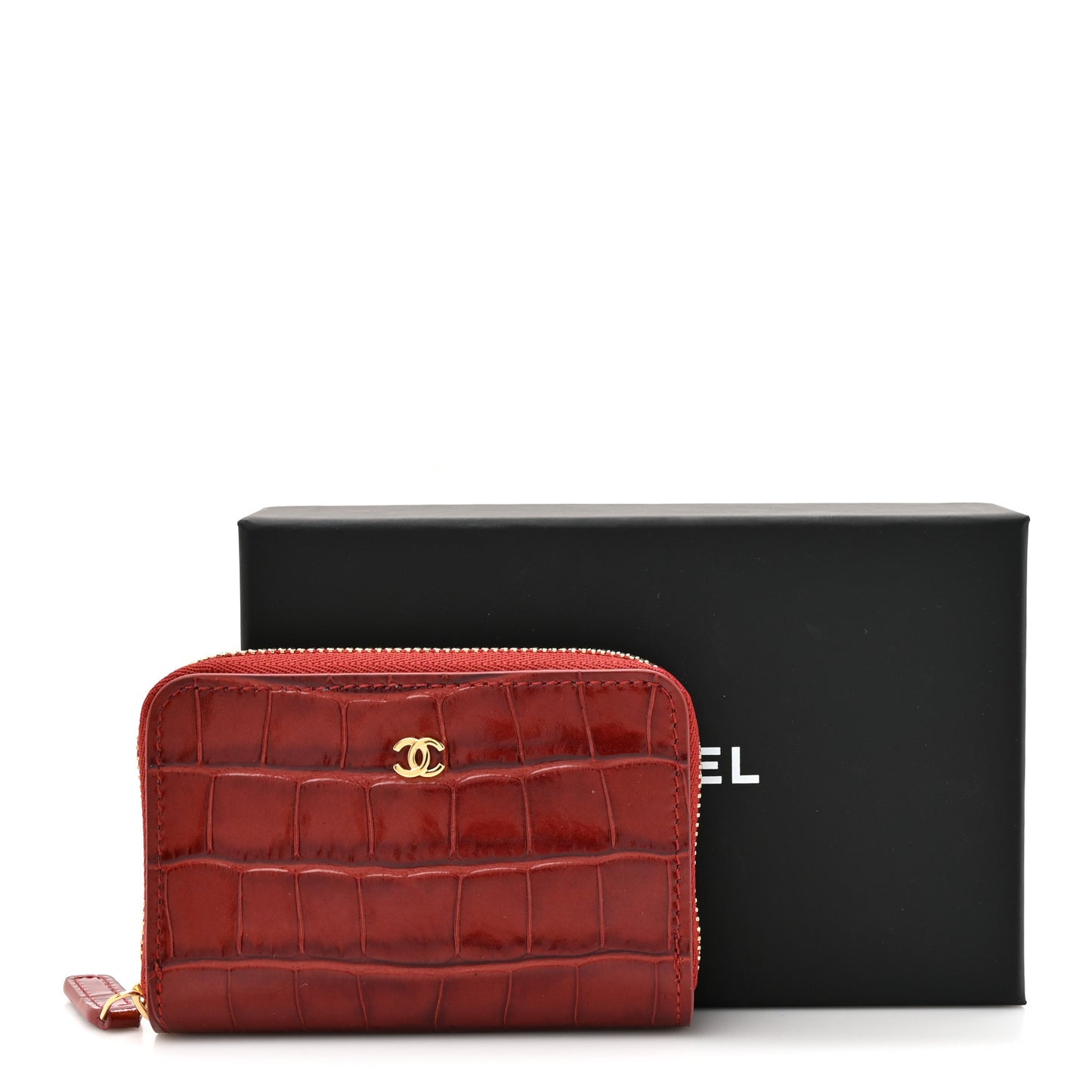 Calfskin Crocodile Embossed Crococo Zip Coin Purse Burgundy