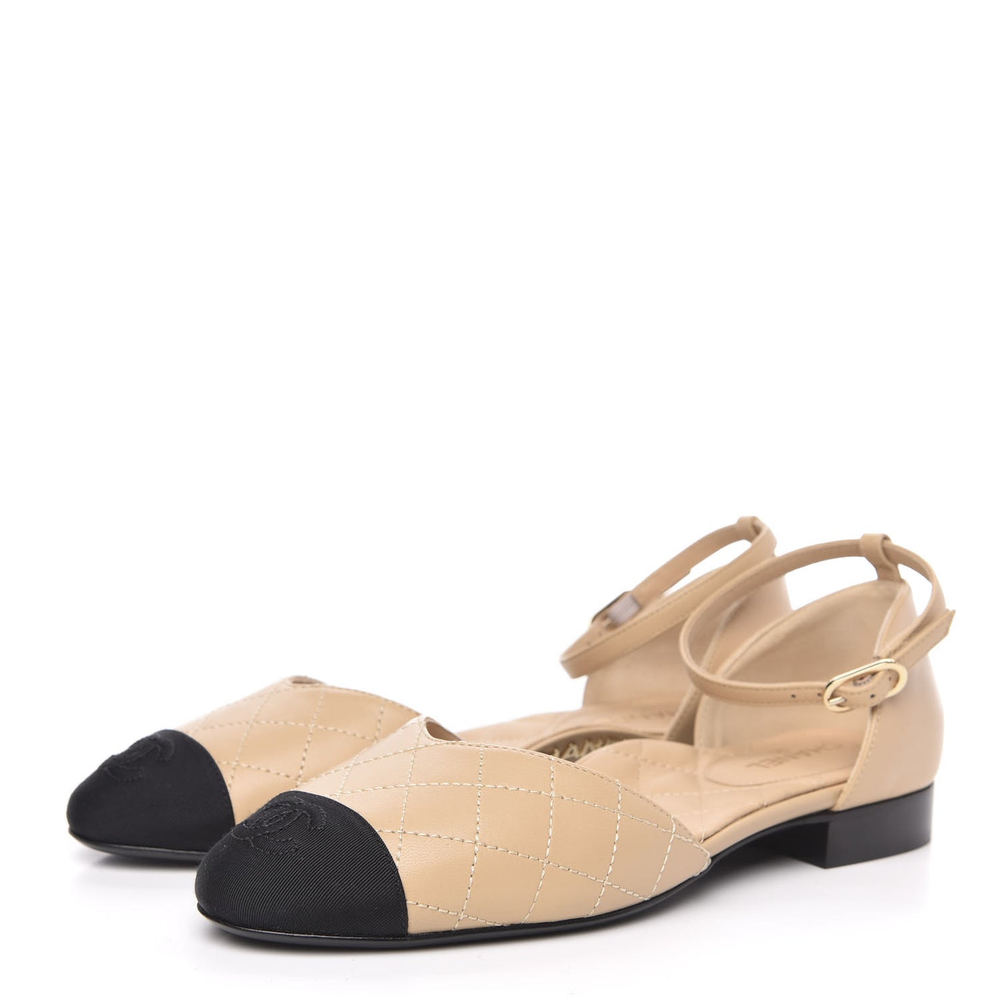 Lambskin Grosgrain Cap Toe CC Ankle Strap Sandals 37 Beige Black