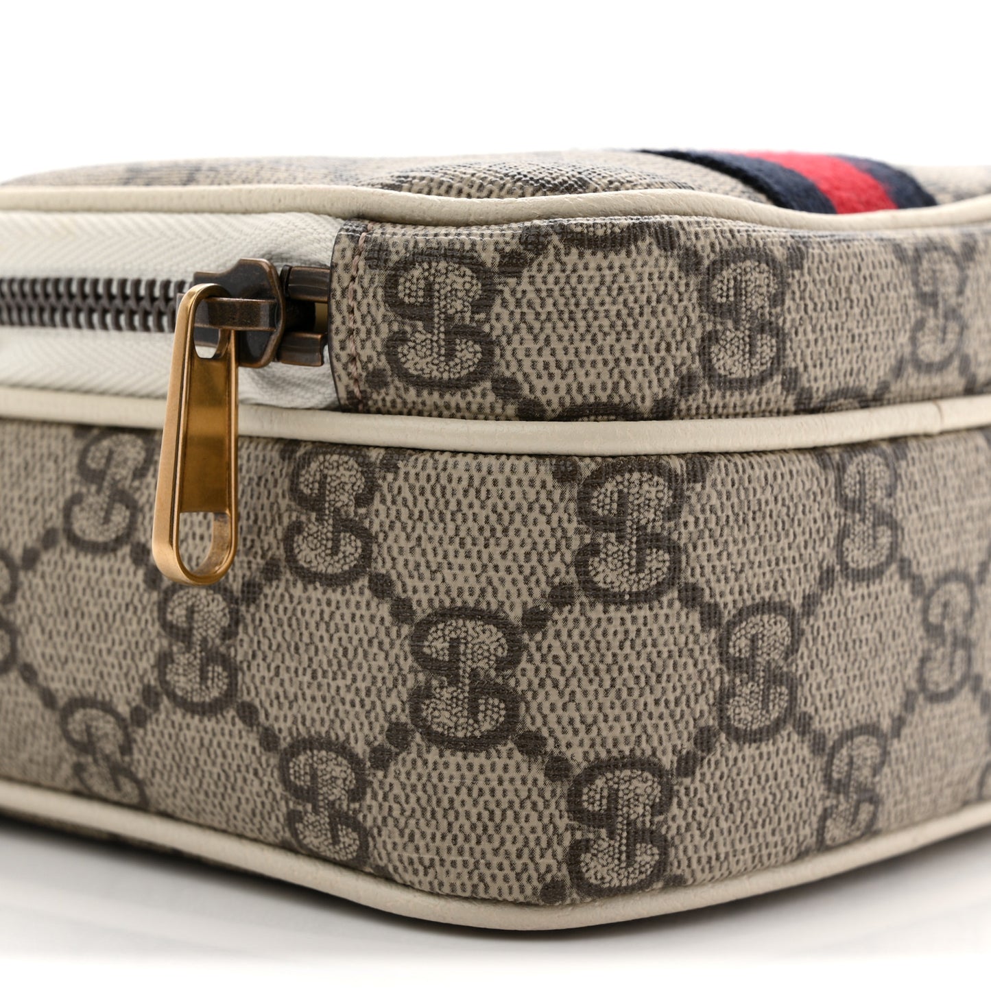 GG Supreme Monogram Web Mini Ophidia Double Zip Messenger Bag Beige Ebony Mystic White
