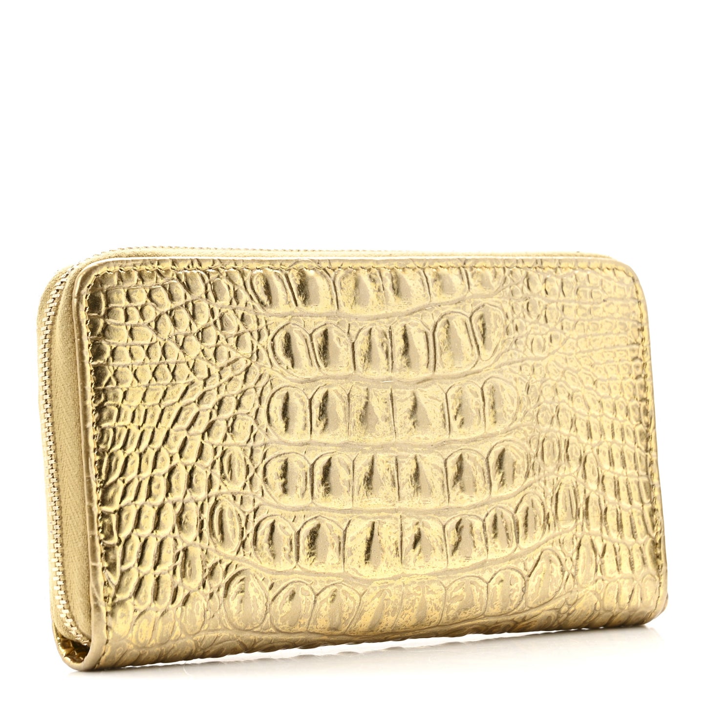 Metallic Calfskin Crocodile Embossed Small Zip Wallet Gold
