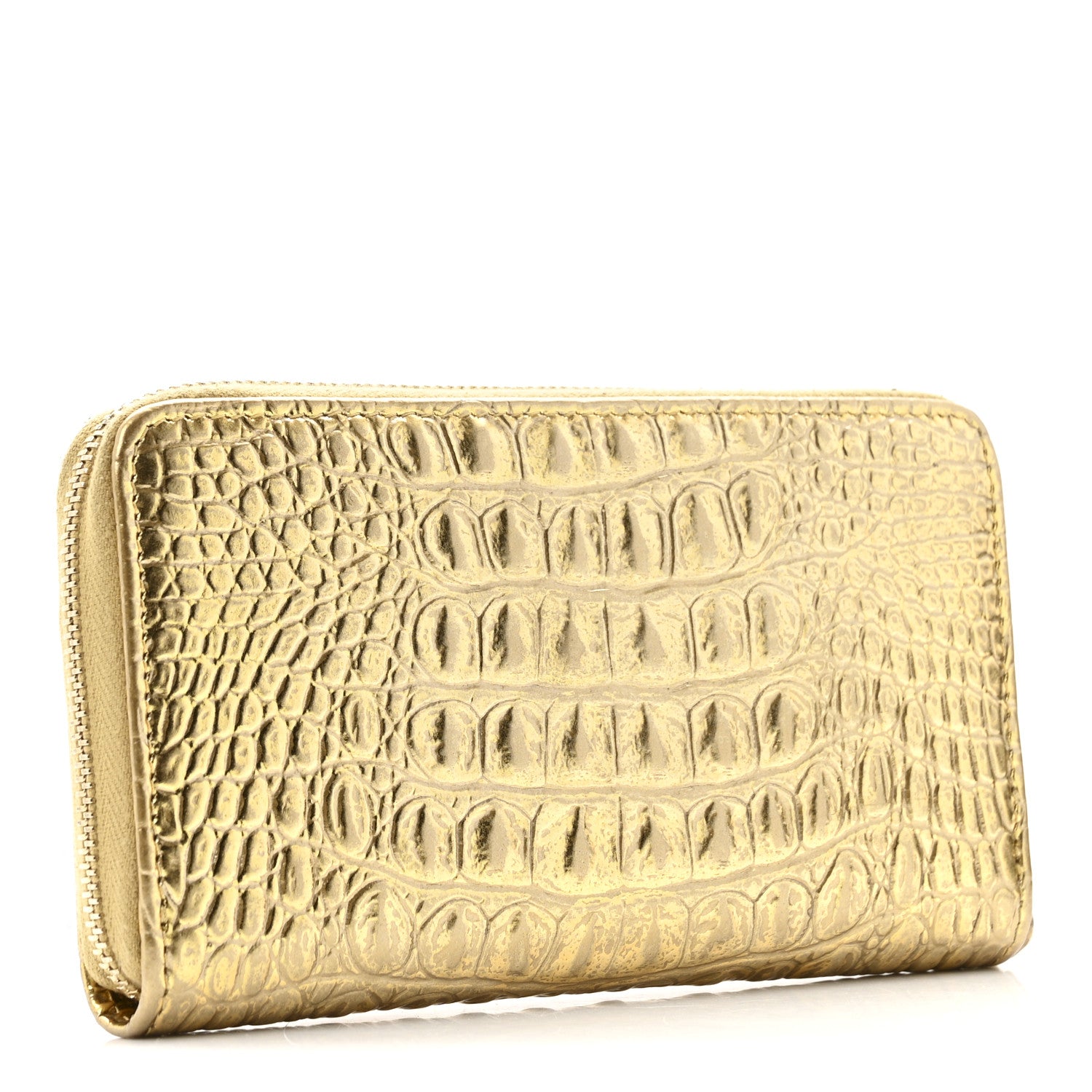 Chanel Metallic Calfskin Crocodile Embossed Small Zip Wallet Gold 3 of 14