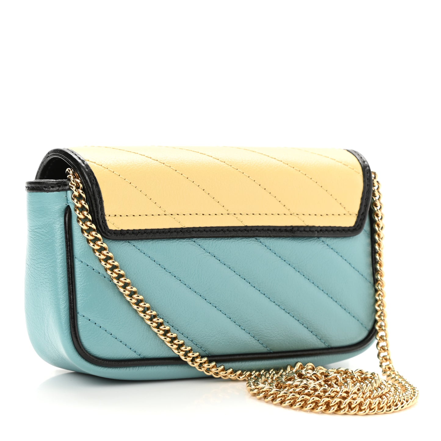 Azalea Calfskin Enamel Matelasse Diagonal Super Mini Torchon GG Marmont Shoulder Bag Butter Dusty Azure Black Electric Blue