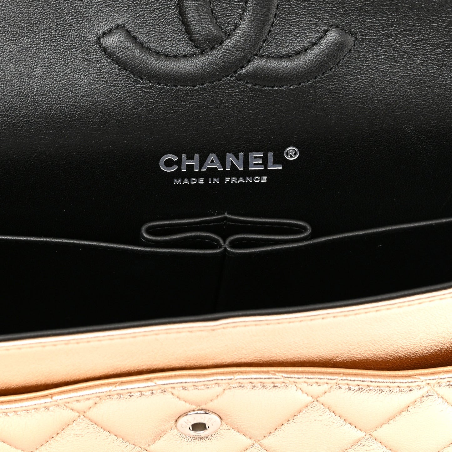 Metallic Lambskin Quilted Medium Double Flap Gold Black