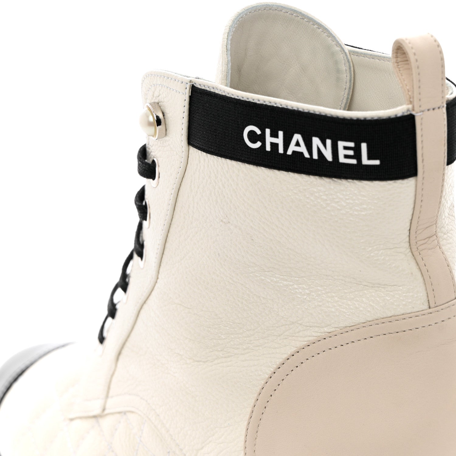Chanel Pearly Calfskin Patent Calfskin Quilted Lace Up Boots 38.5 White Light Gray Black 11 of 18