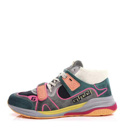 Gucci Suede Calfskin Mens Ultrapace Mid Top Sneakers 8 Turquoise Grey 1 of 10