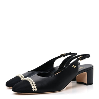 Chanel Lambskin Grosgrain Pearl Cap Toe CC Slingback Pumps 40.5 Black 4 of 12