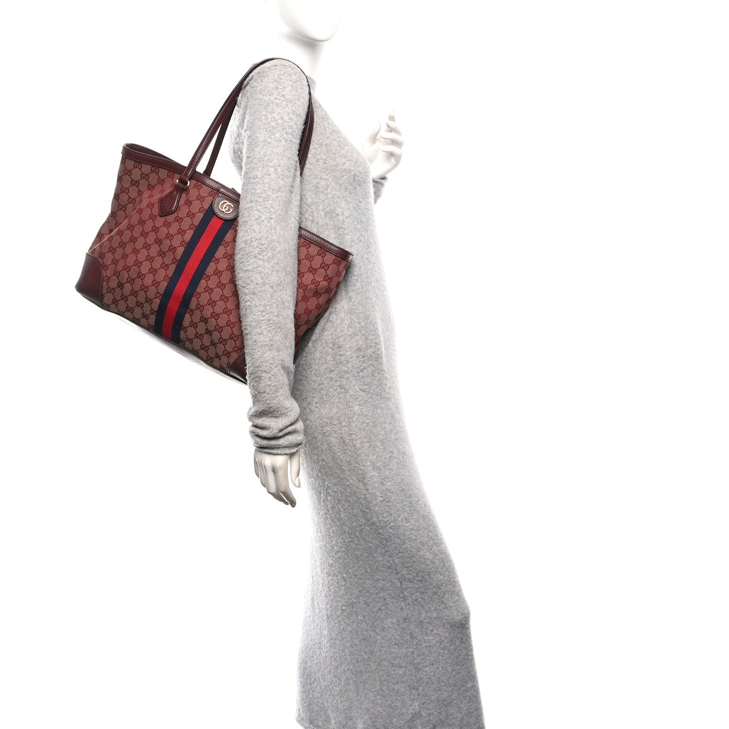 Monogram Textured Dollar Calfskin Web Medium Ophidia Shopping Tote Sahara Rubino Chardonnay