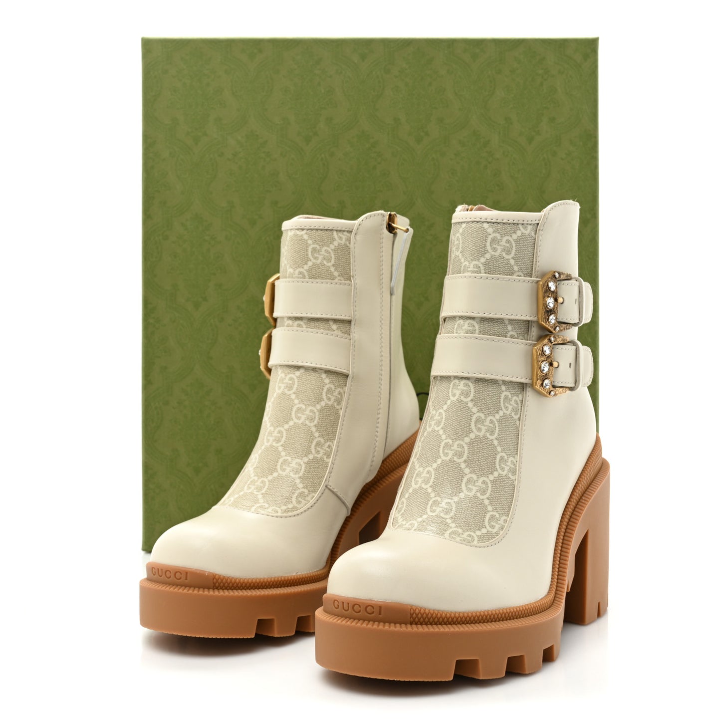 Kensington Calfskin Nappa GG Supreme Monogram Womens Double Buckle Ankle Boots 35.5 Mystic White Beige