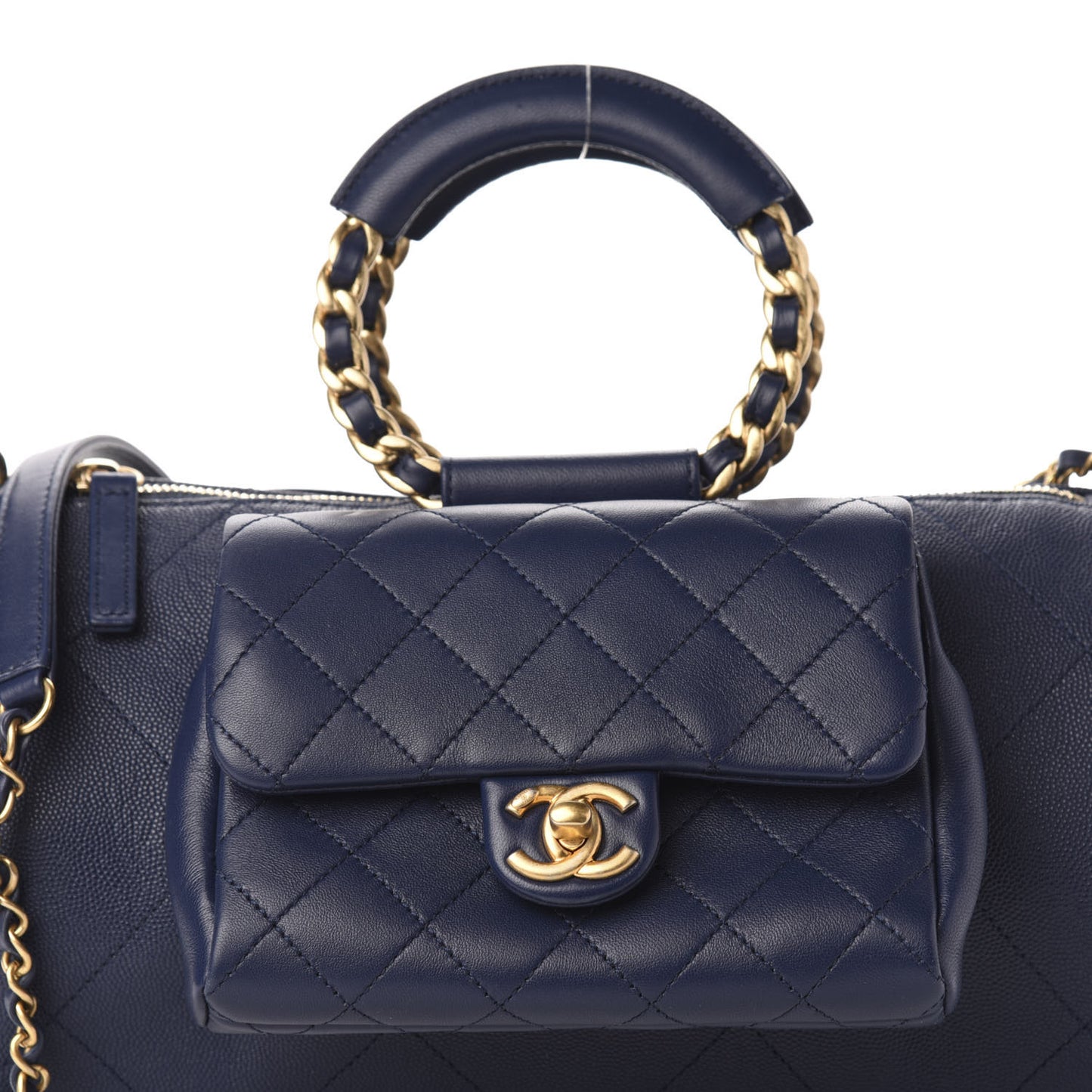Grained Calfskin Lambskin Quilted Large Bowling Bag Blue