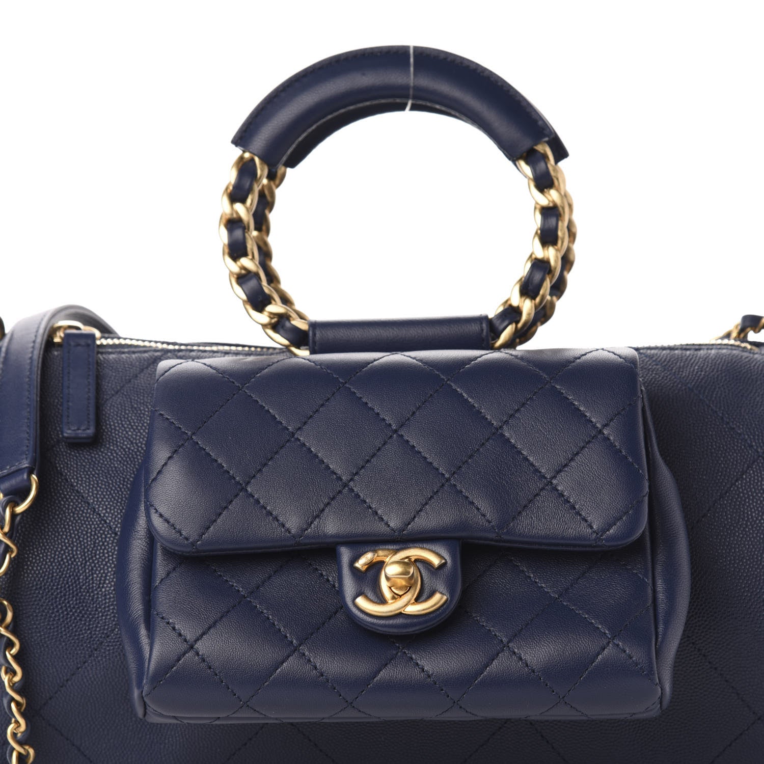 Chanel Grained Calfskin Lambskin Quilted Large Bowling Bag Blue 11 of 11