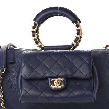 Chanel Grained Calfskin Lambskin Quilted Large Bowling Bag Blue 11 of 11