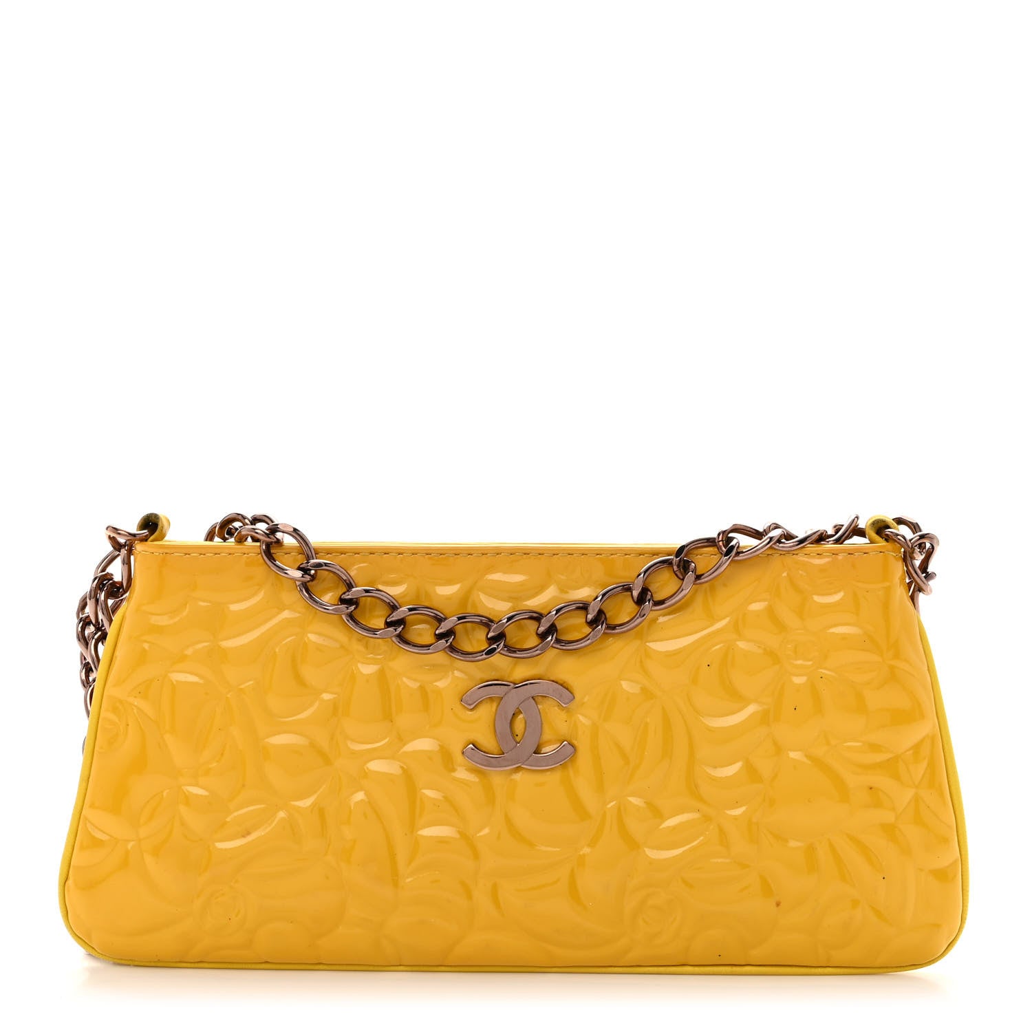 Chanel Patent Camellia Embossed Pochette Yellow 1 of 12
