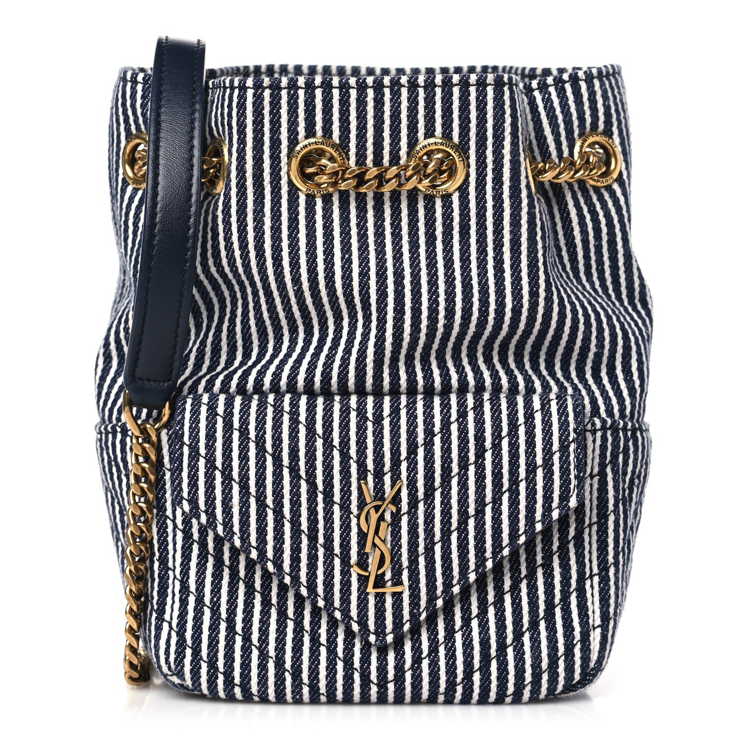 Saint Laurent Canvas Striped Nano Joe Bucket Bag Deep Marine Cream 1 of 10