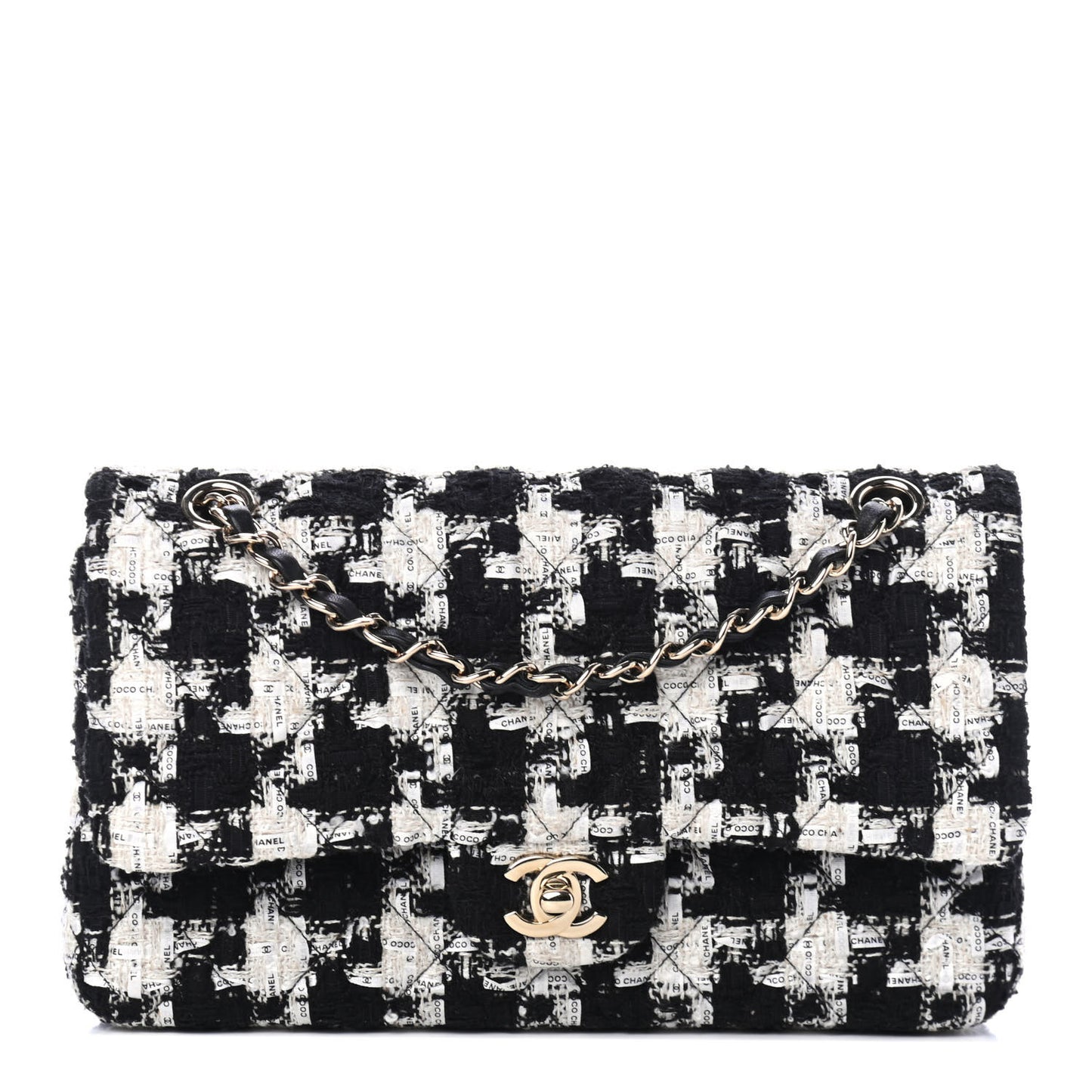 Tweed Quilted Medium Double Flap Black Ecru White