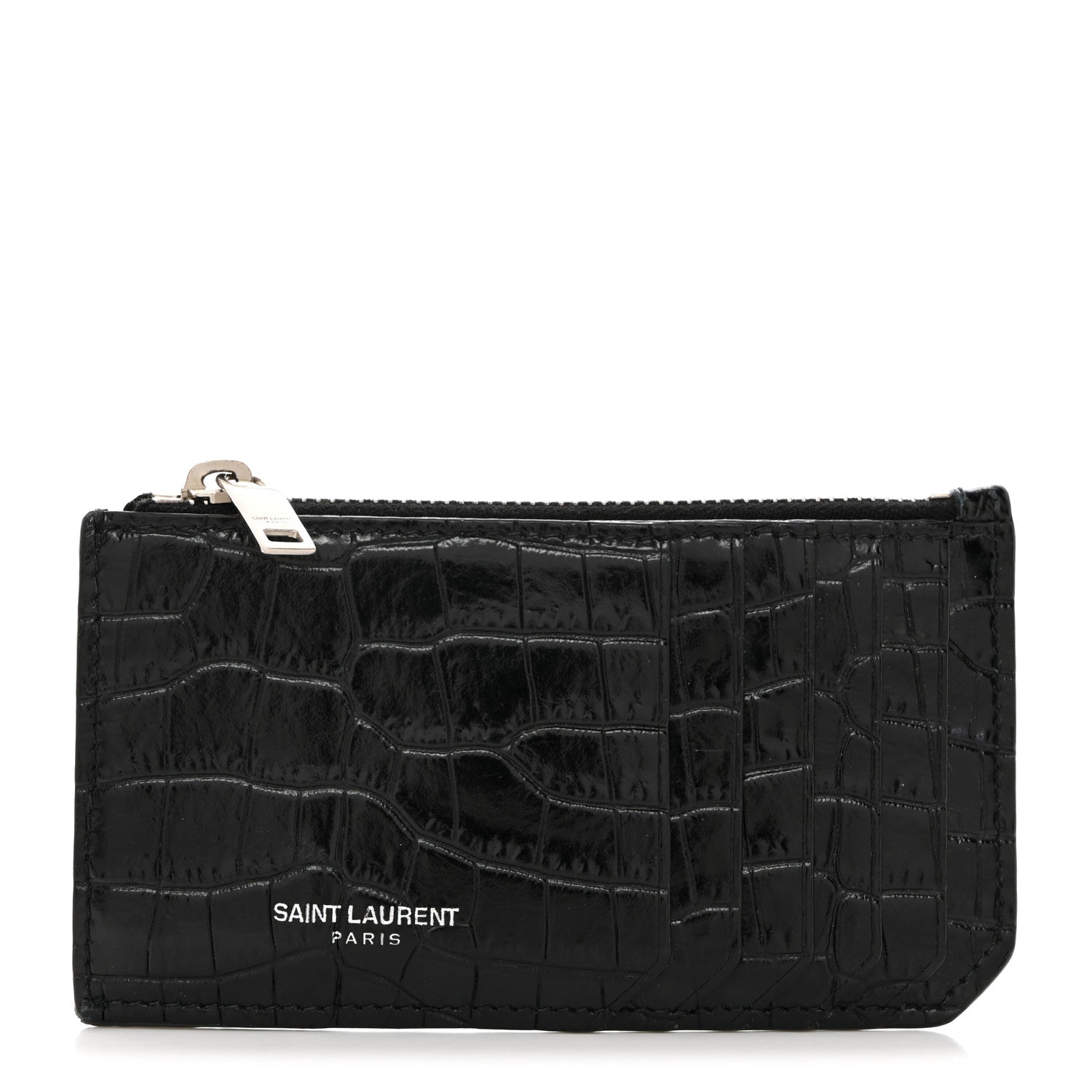 Saint Laurent Calfskin Crocodile Embossed 5 Fragments Zip Card Case Black 1 of 8