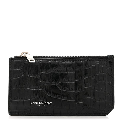 Saint Laurent Calfskin Crocodile Embossed 5 Fragments Zip Card Case Black 1 of 8