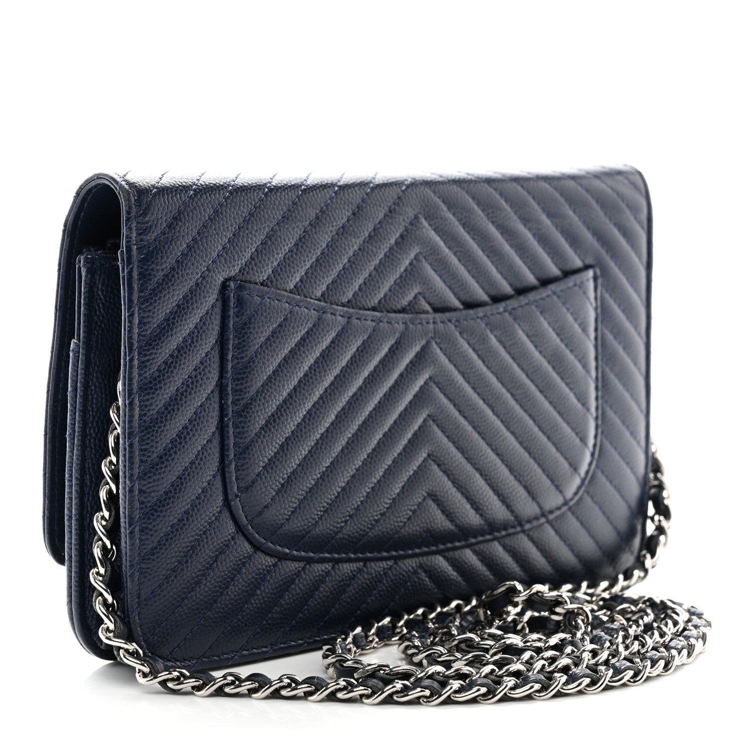 Chanel Caviar Chevron Quilted Wallet On Chain WOC Navy 3 of 13