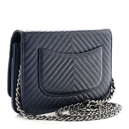 Chanel Caviar Chevron Quilted Wallet On Chain WOC Navy 3 of 13