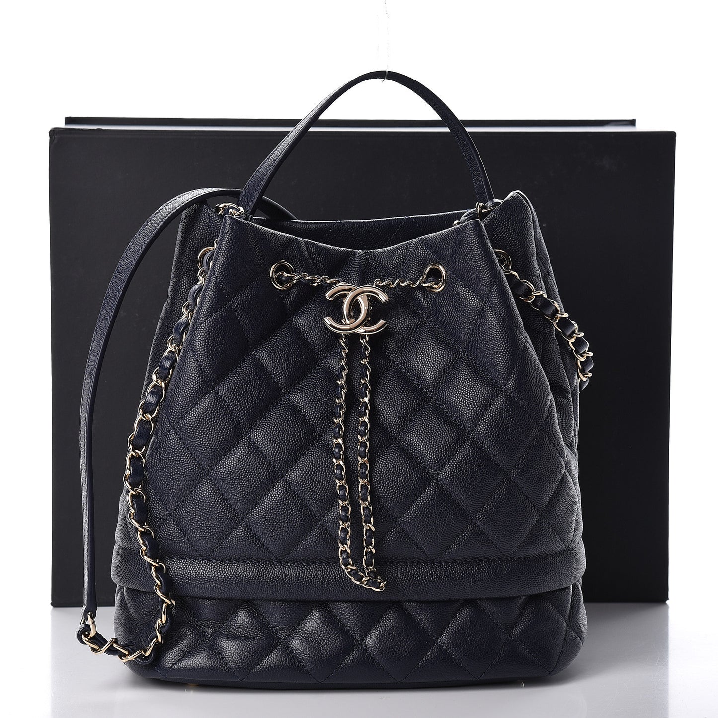 Caviar Quilted Rolled Up Bucket Drawstring Bag Navy