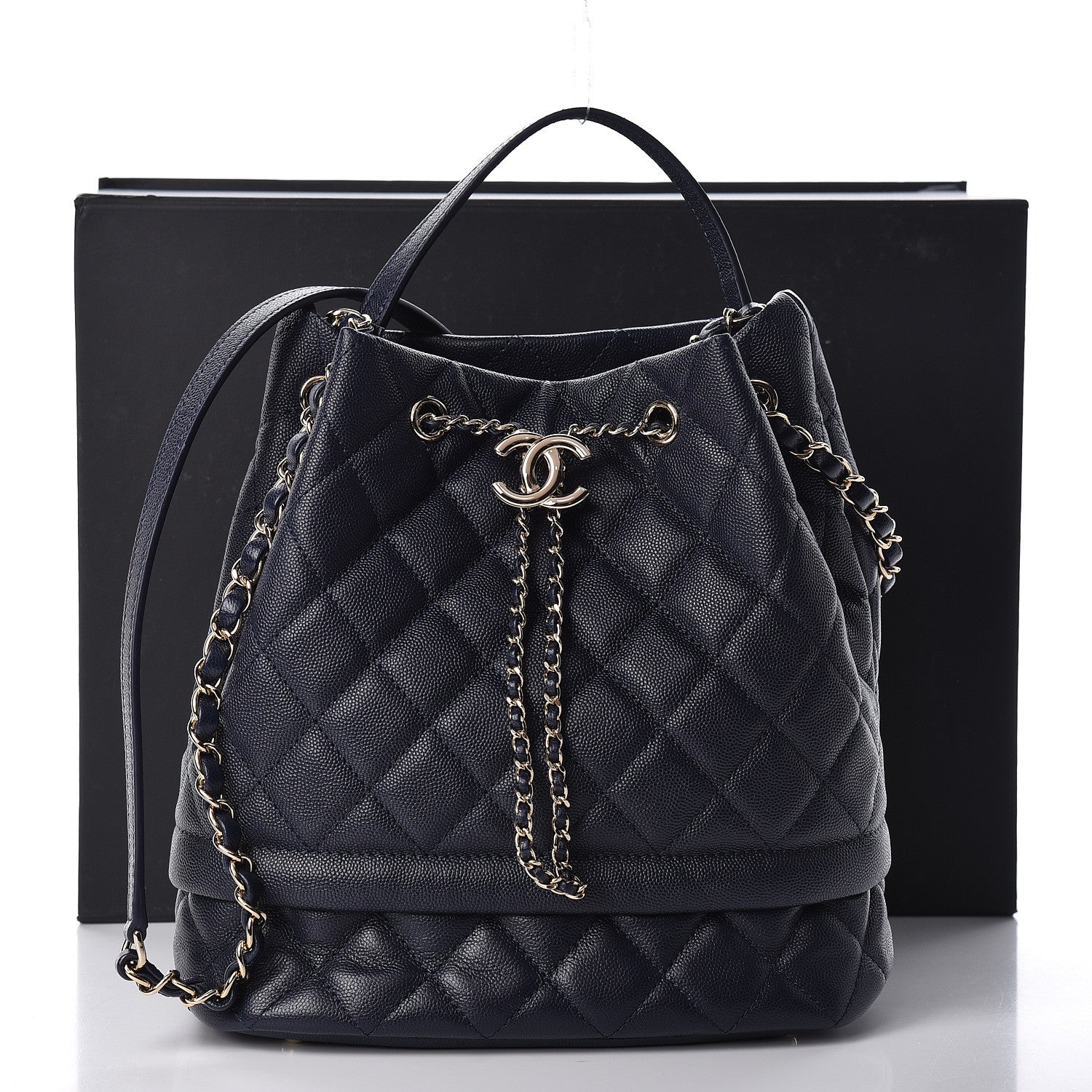 Chanel Caviar Quilted Rolled Up Bucket Drawstring Bag Navy 11 of 11