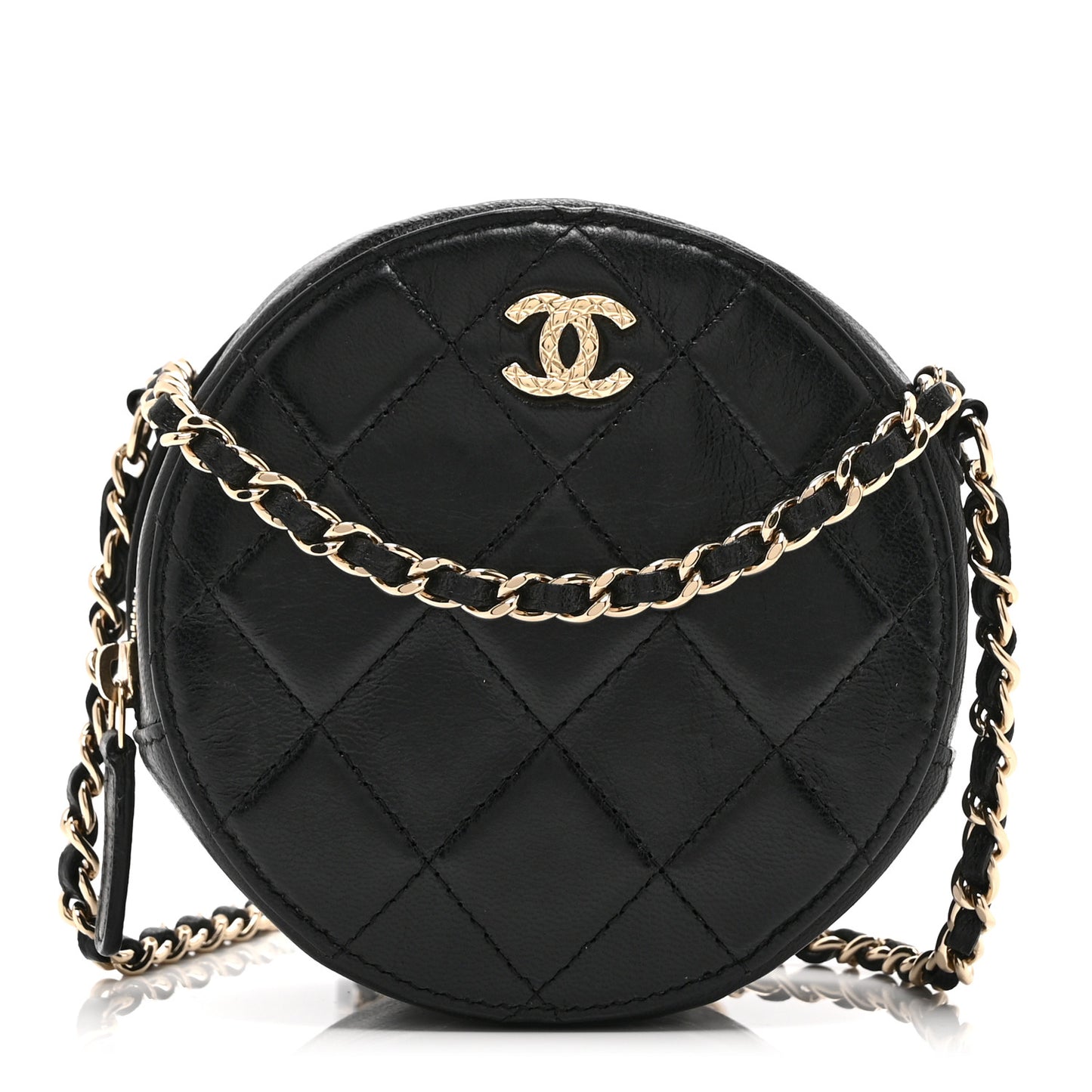 Calfskin Round Clutch With Chain Black