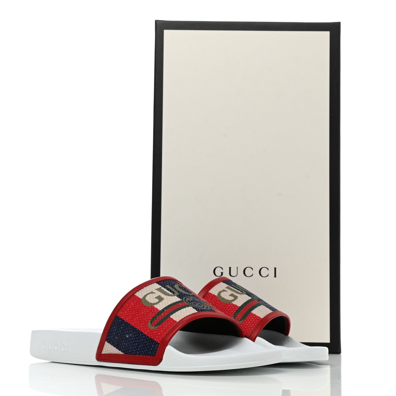 Gucci Canvas Sylvie Stripe Logo Mens Pursuit Slide Sandals 7 Mystic White Hibiscus Red Maritime 8 of 8