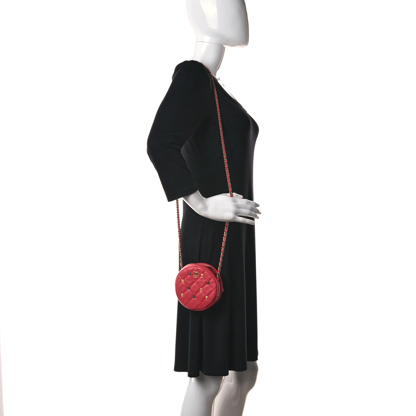 Lambskin Quilted Studded Round Clutch With Chain Dark Pink