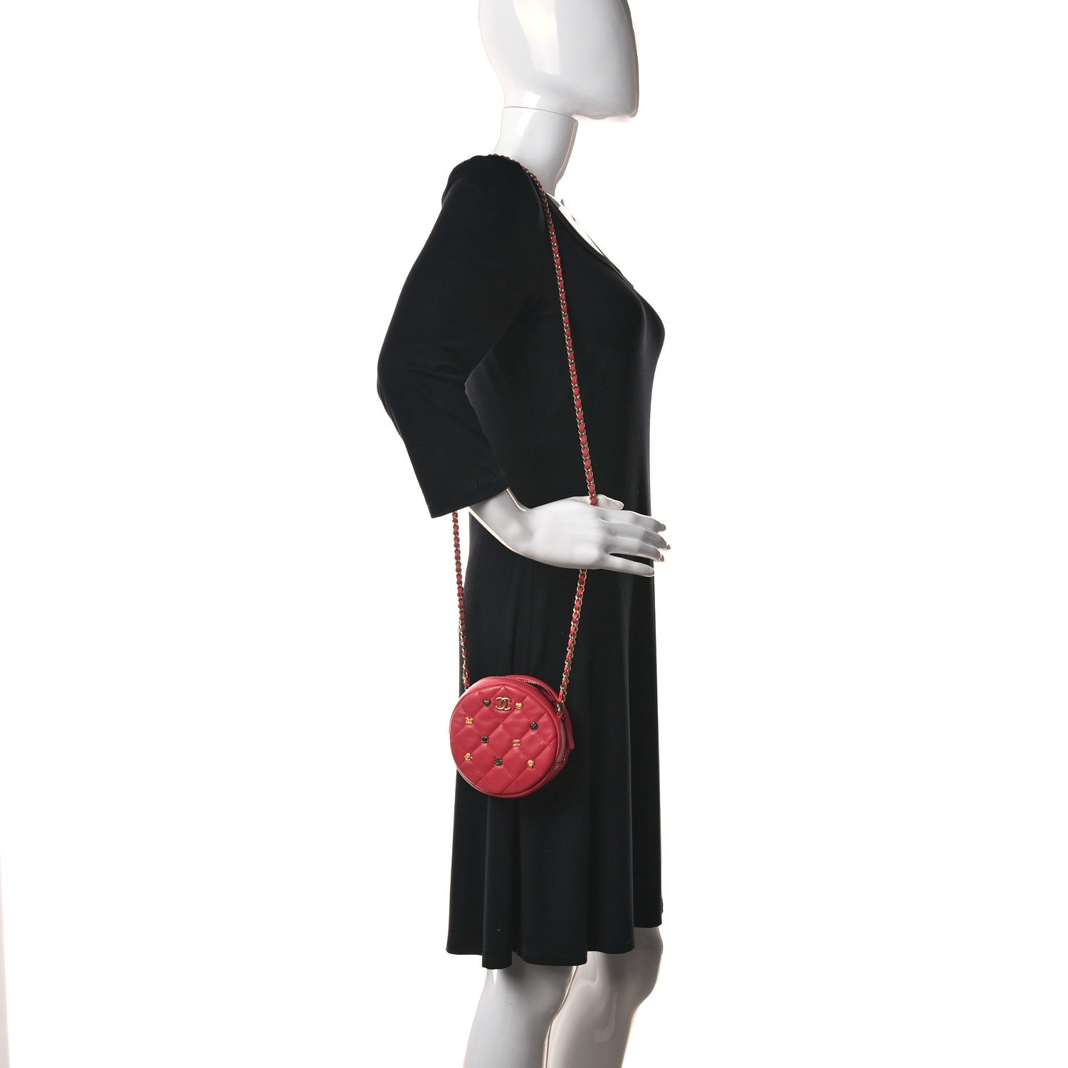 Chanel Lambskin Quilted Studded Round Clutch With Chain Dark Pink 2 of 10
