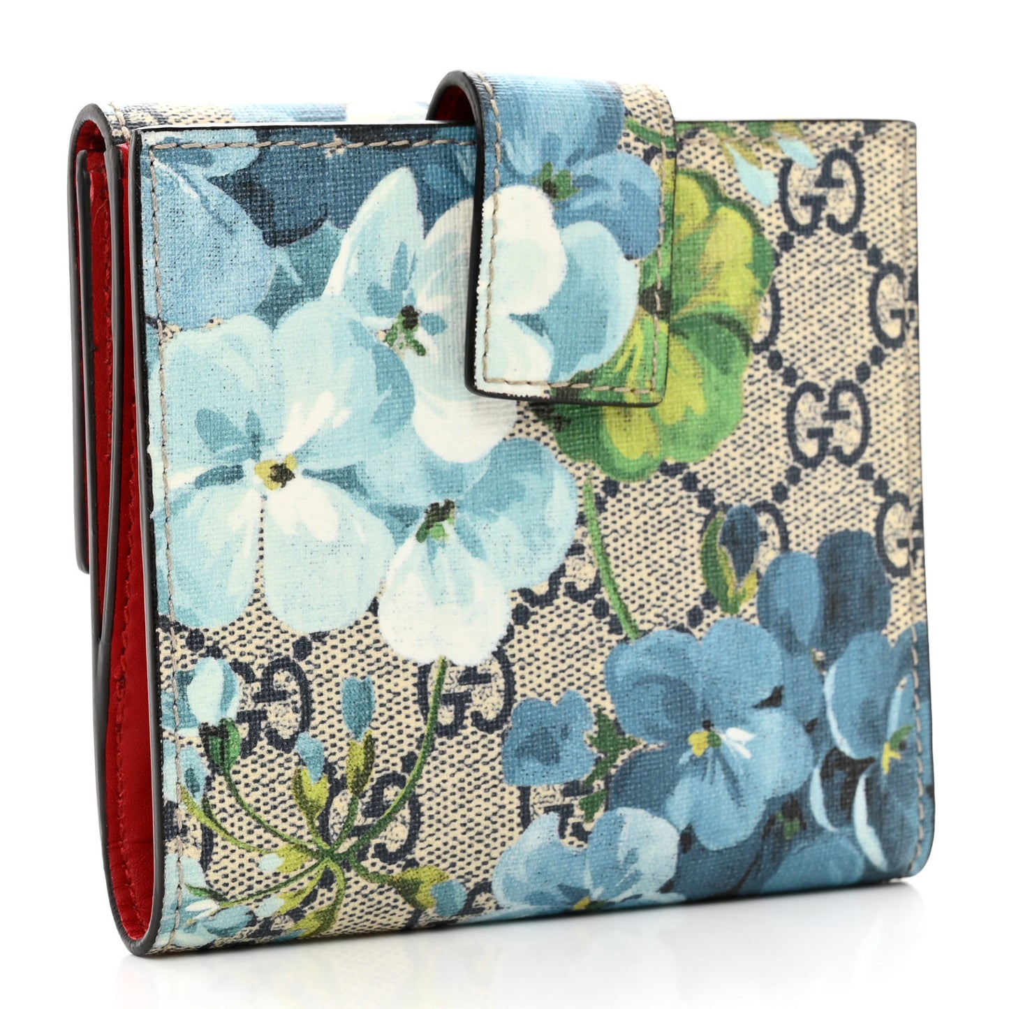 GG Supreme Monogram Blooms French Flap Wallet Beige Blue Navy Hibiscus Red