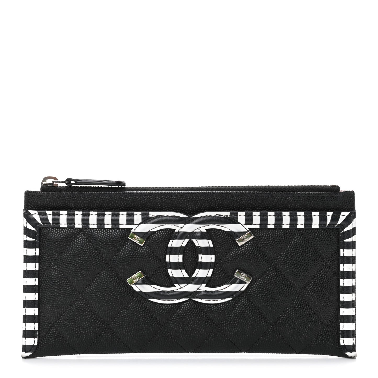 Caviar Quilted Stripe Filigree Zip Pouch Black White